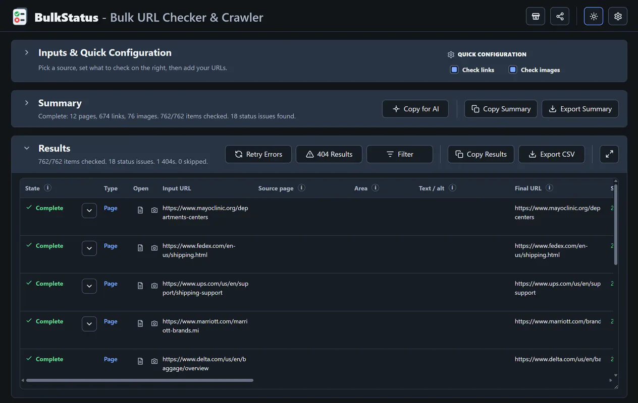 BulkStatus results table showing HTTP status, redirects, response time, and page data for a batch of URLs
