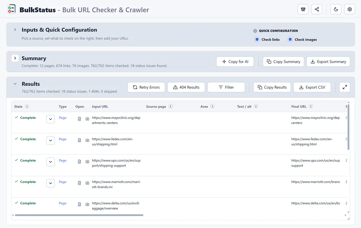 BulkStatus results table showing HTTP status, redirects, response time, and page data for a batch of URLs