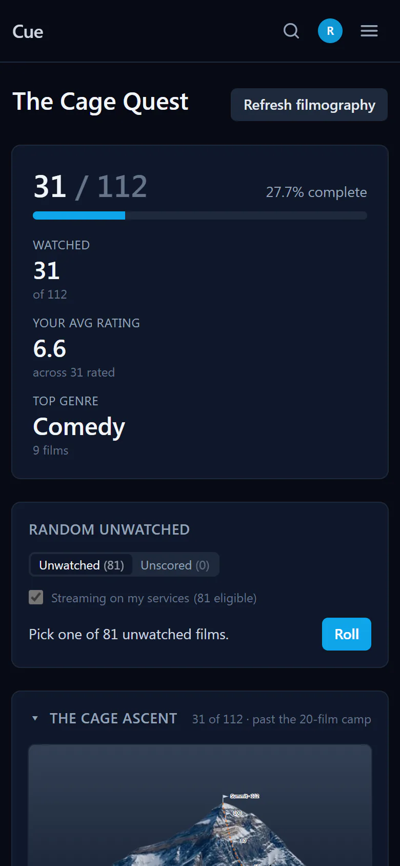 Cue's Cage Quest page with Nicolas Cage filmography progress at 31 of 112, stats, and a random unwatched picker