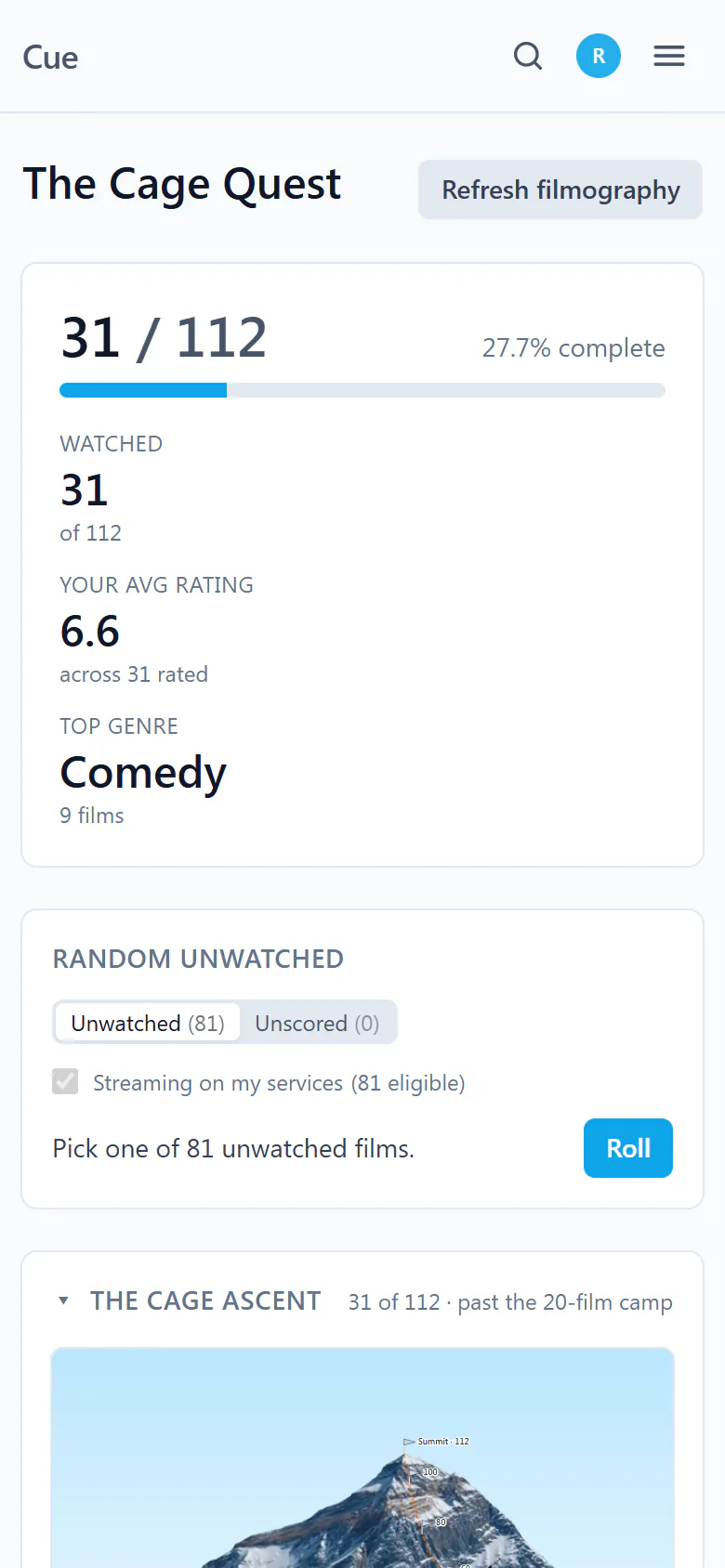 Cue's Cage Quest page with Nicolas Cage filmography progress at 31 of 112, stats, and a random unwatched picker