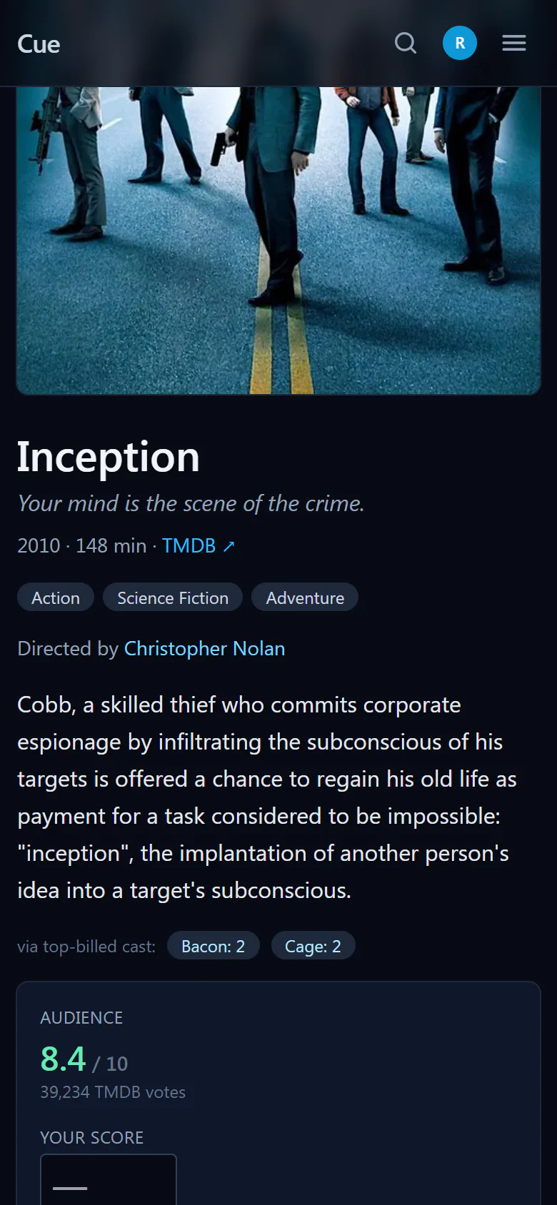 Cue movie detail screen on mobile
