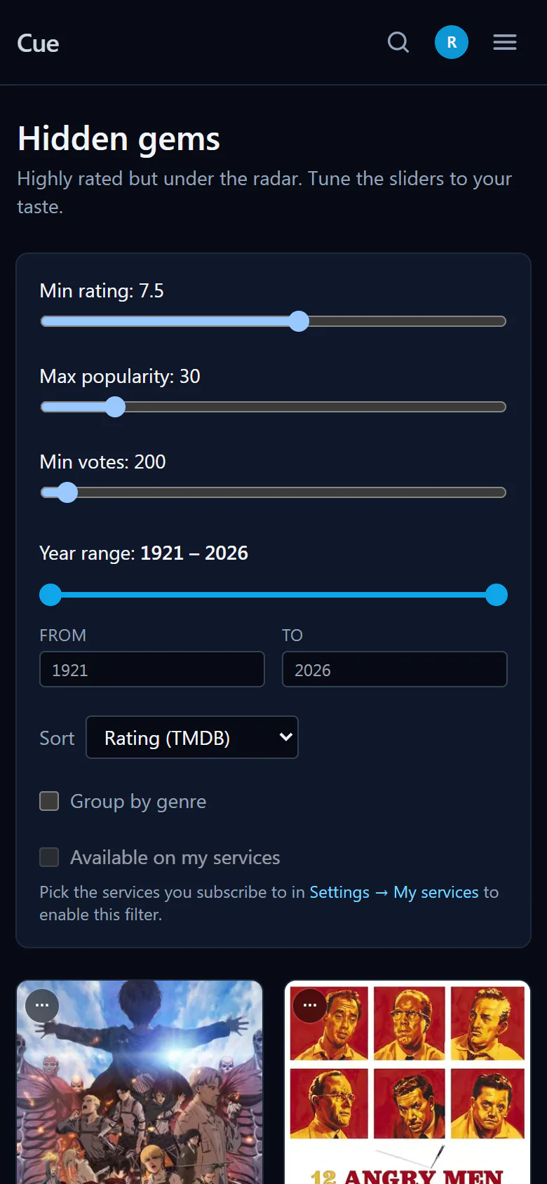 Cue Hidden Gems finder on mobile