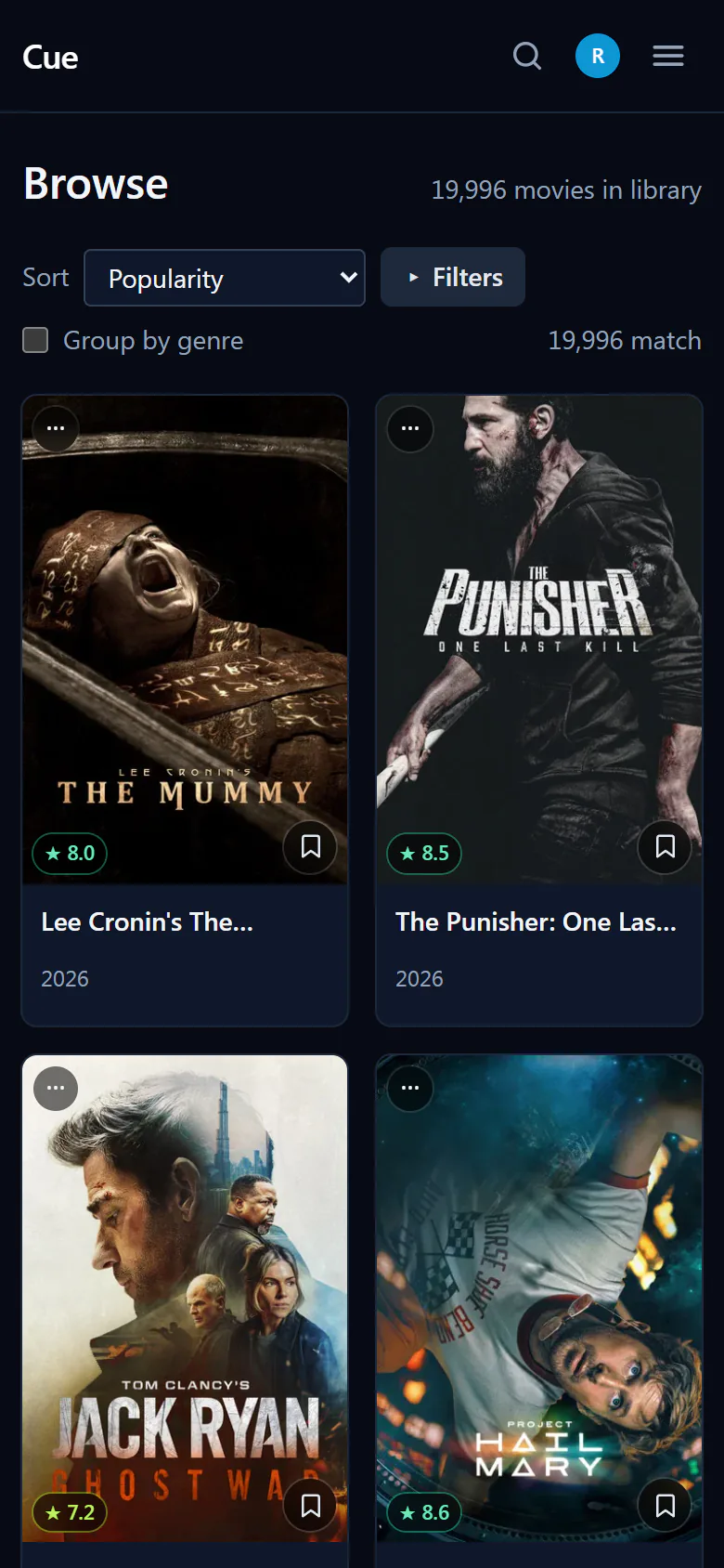 Cue library view on mobile with a grid of movie posters