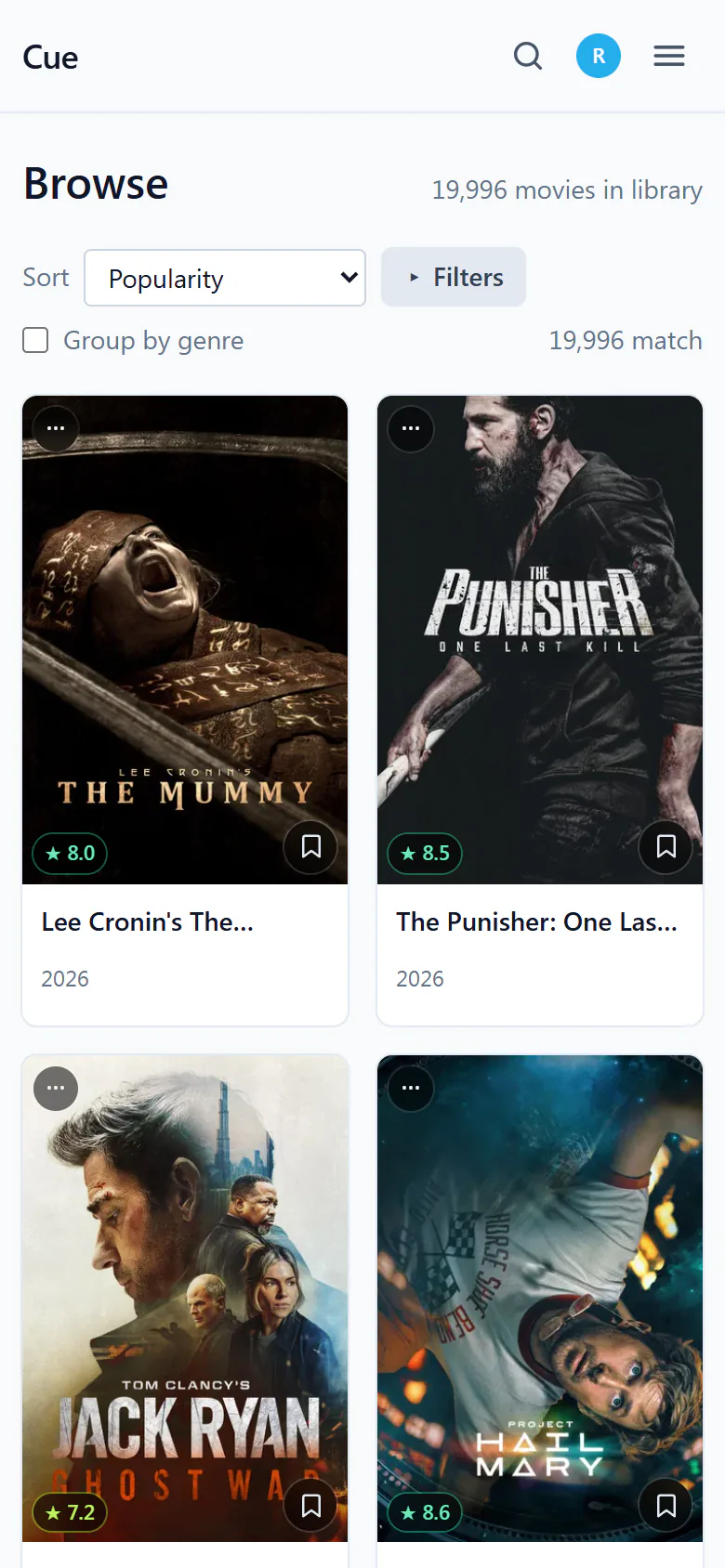 Cue library view on mobile with a grid of movie posters