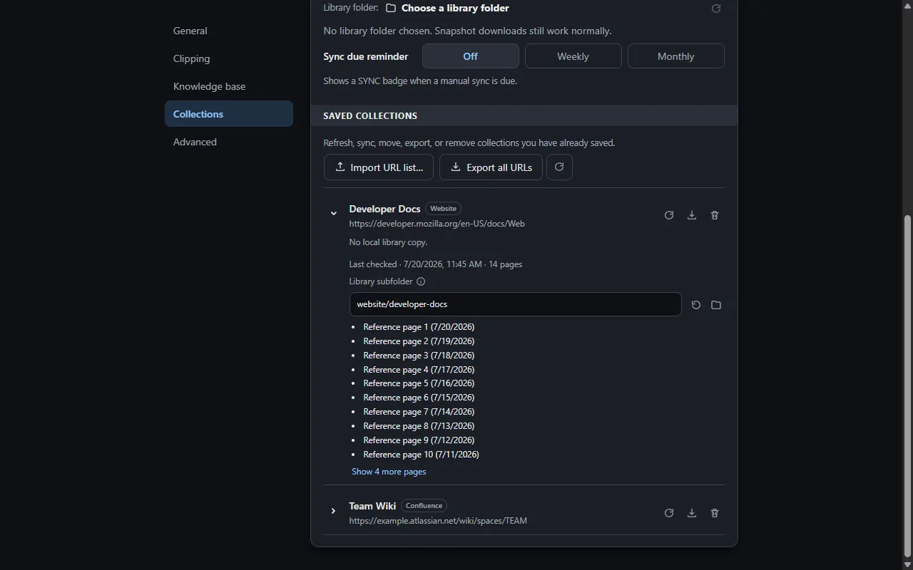Markdown Clipper collections view showing saved sites with their page inventories