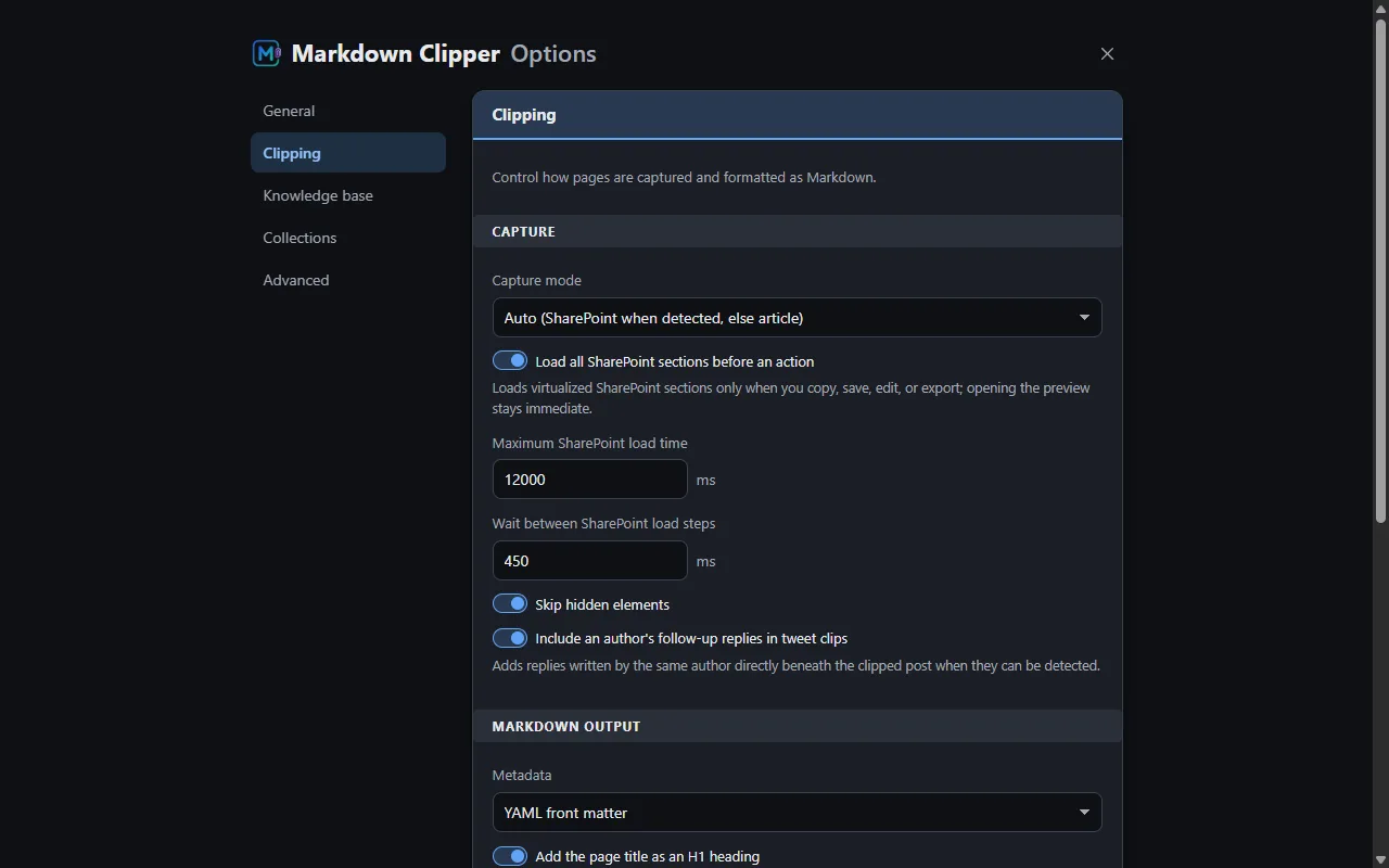 Markdown Clipper clipping settings showing capture-mode presets with per-setting plain-language help text
