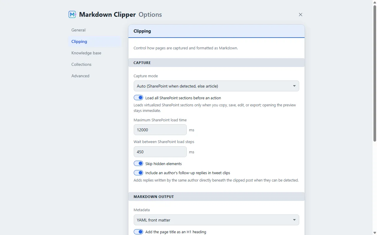 Markdown Clipper clipping settings showing capture-mode presets with per-setting plain-language help text