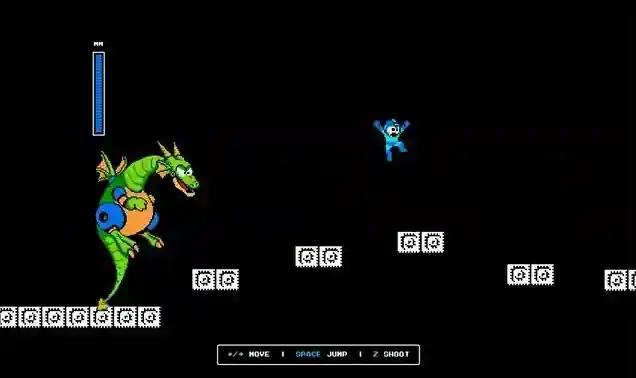 Animated gameplay of the 404 page platformer: the player jumping across platforms while a dragon boss gives chase